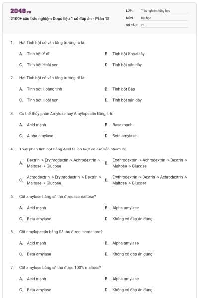 2100+ câu trắc nghiệm Dược liệu 1 có đáp án - Phần 18