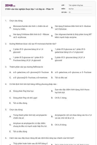 2100+ câu trắc nghiệm Dược liệu 1 có đáp án - Phần 19