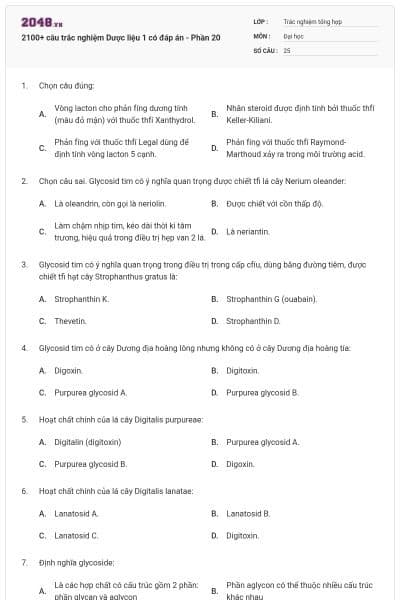 2100+ câu trắc nghiệm Dược liệu 1 có đáp án - Phần 20