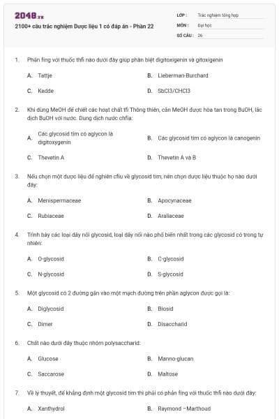2100+ câu trắc nghiệm Dược liệu 1 có đáp án - Phần 22