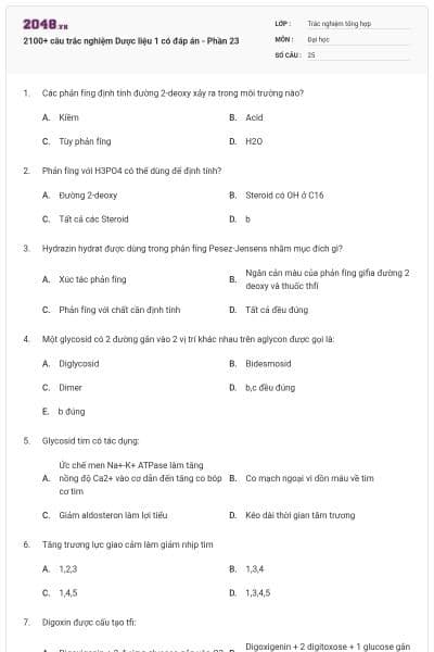 2100+ câu trắc nghiệm Dược liệu 1 có đáp án - Phần 23