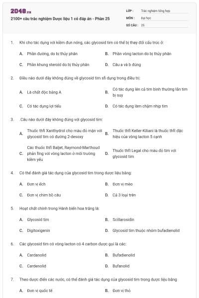 2100+ câu trắc nghiệm Dược liệu 1 có đáp án - Phần 25