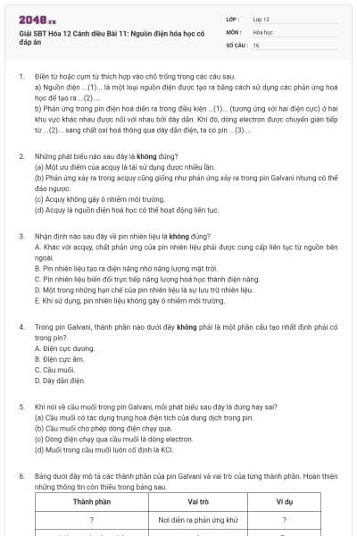 Giải SBT Hóa 12 Cánh diều Bài 11: Nguồn điện hóa học có đáp án