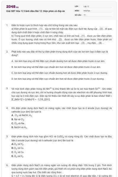 Giải SBT Hóa 12 Cánh diều Bài 12: Điện phân có đáp án