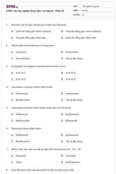 2100+ câu trắc nghiệm Dược liệu 1 có đáp án - Phần 30