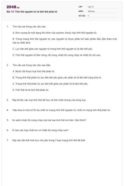 Bài 14: Tinh thể nguyên tử và tinh thể phân tử