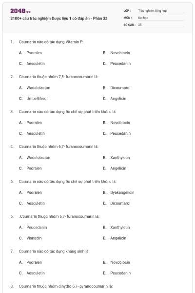 2100+ câu trắc nghiệm Dược liệu 1 có đáp án - Phần 33