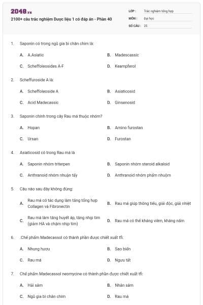 2100+ câu trắc nghiệm Dược liệu 1 có đáp án - Phần 40