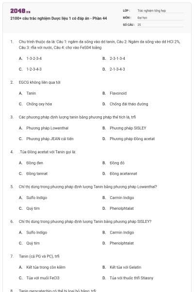 2100+ câu trắc nghiệm Dược liệu 1 có đáp án - Phần 44