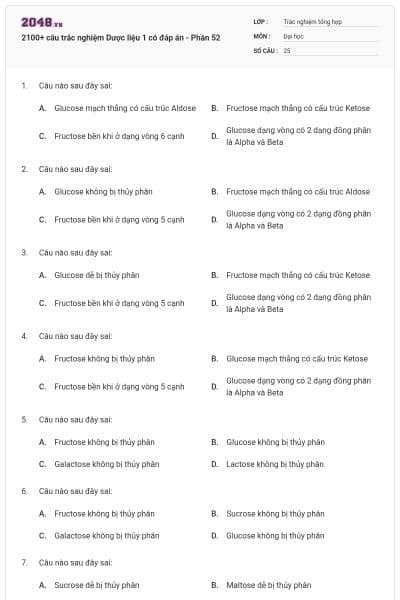 2100+ câu trắc nghiệm Dược liệu 1 có đáp án - Phần 52