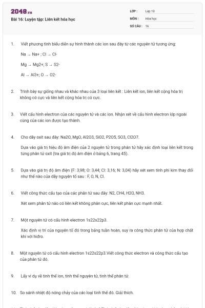 Bài 16: Luyện tập: Liên kết hóa học