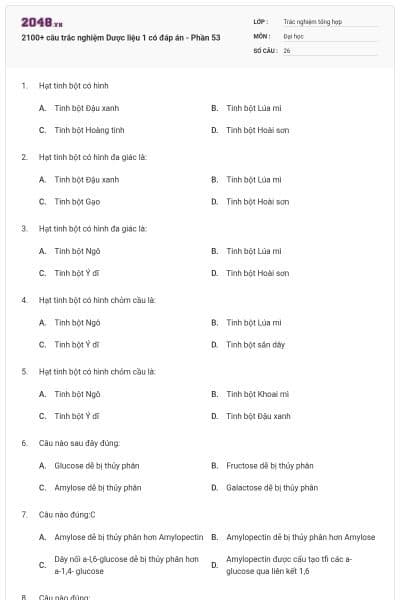 2100+ câu trắc nghiệm Dược liệu 1 có đáp án - Phần 53