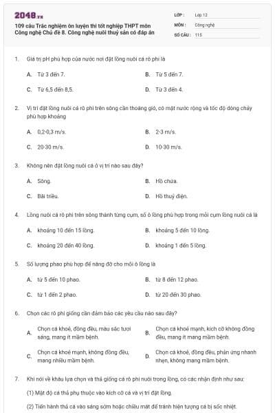 109 câu Trắc nghiệm ôn luyện thi tốt nghiệp THPT môn Công nghệ Chủ đề 8. Công nghệ nuôi thuỷ sản có đáp án