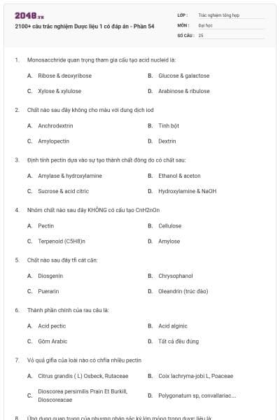 2100+ câu trắc nghiệm Dược liệu 1 có đáp án - Phần 54