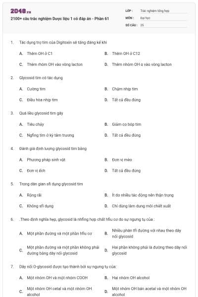 2100+ câu trắc nghiệm Dược liệu 1 có đáp án - Phần 61