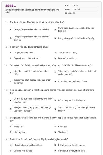 (2025 mới) Đề ôn thi tốt nghiệp THPT môn Công nghệ (Đề số 4)