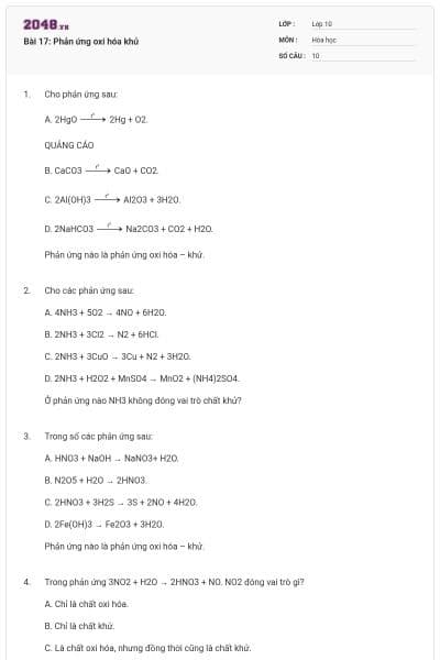 Bài 17: Phản ứng oxi hóa khử