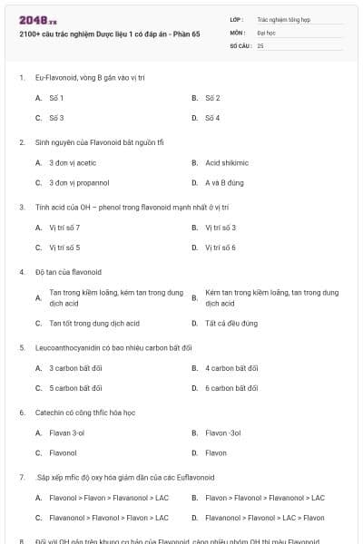 2100+ câu trắc nghiệm Dược liệu 1 có đáp án - Phần 65