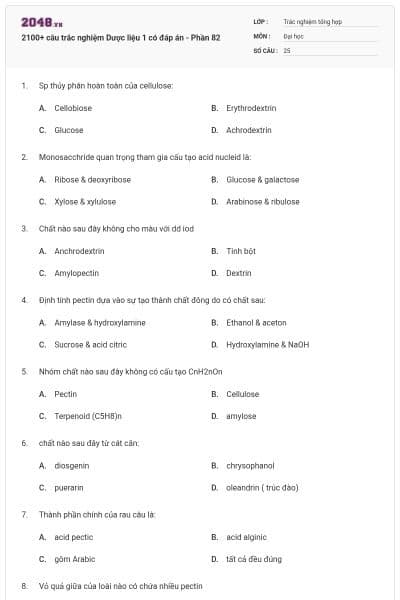 2100+ câu trắc nghiệm Dược liệu 1 có đáp án - Phần 82