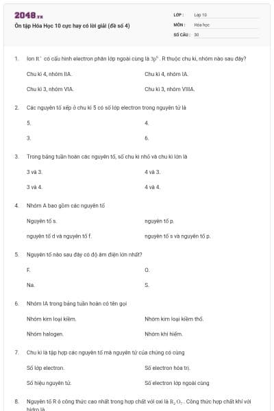 Ôn tập Hóa Học 10 cực hay có lời giải (đề số 4)