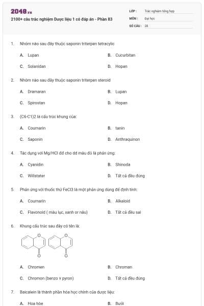 2100+ câu trắc nghiệm Dược liệu 1 có đáp án - Phần 83