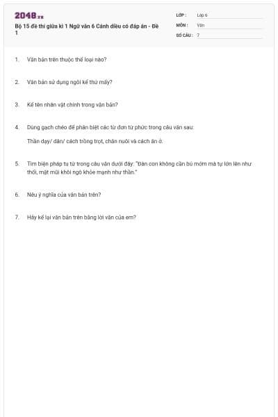 Bộ 15 đề thi giữa kì 1 Ngữ văn 6 Cánh diều có đáp án - Đề 1