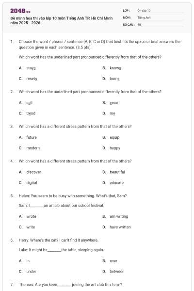Đề minh họa thi vào lớp 10 môn Tiếng Anh TP. Hồ Chí Minh năm 2025 - 2026