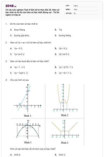 20 câu trắc nghiệm Toán 8 Kết nối tri thức Bài 28. Hàm số bậc nhất và đồ thị của hàm số bậc nhất (Đúng sai - Trả lời ngắn) có đáp án