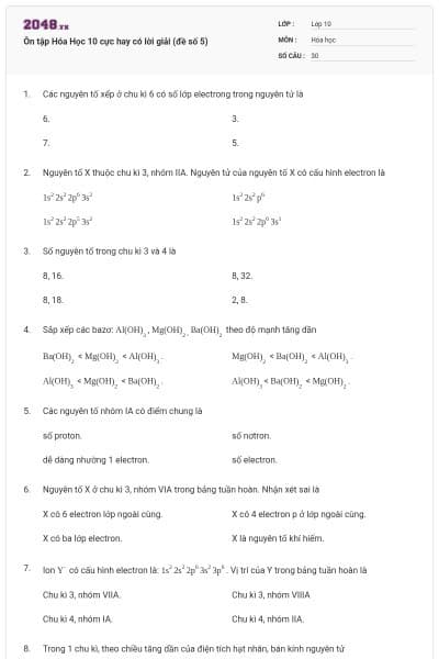 Ôn tập Hóa Học 10 cực hay có lời giải (đề số 5)