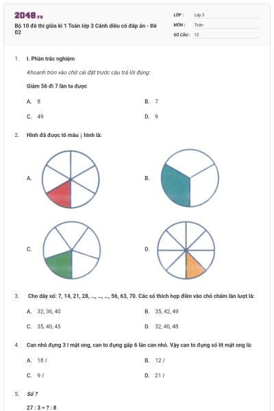 Bộ 10 đề thi giữa kì 1 Toán lớp 3 Cánh diều có đáp án - Đề 02