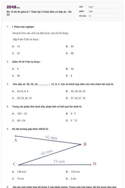 Bộ 10 đề thi giữa kì 1 Toán lớp 3 Cánh diều có đáp án - Đề 04