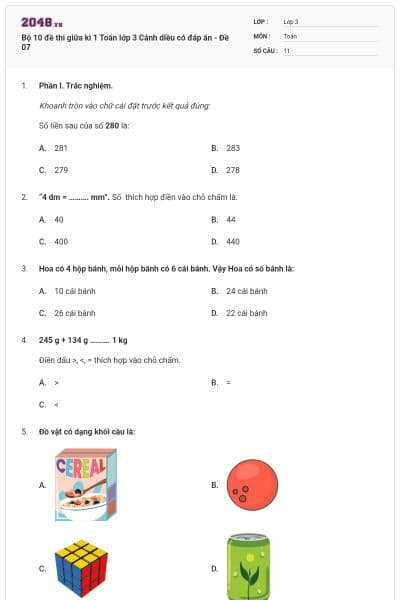 Bộ 10 đề thi giữa kì 1 Toán lớp 3 Cánh diều có đáp án - Đề 07