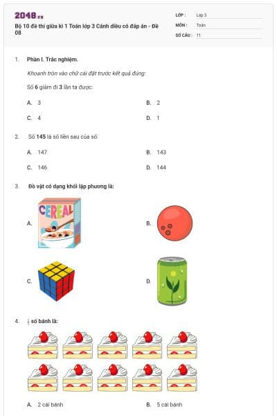 Bộ 10 đề thi giữa kì 1 Toán lớp 3 Cánh diều có đáp án - Đề 08