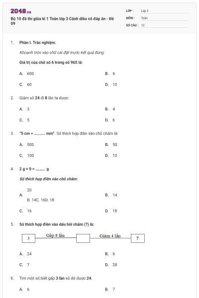 Bộ 10 đề thi giữa kì 1 Toán lớp 3 Cánh diều có đáp án - Đề 09