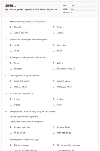 Bộ 15 đề thi giữa kì 1 Ngữ văn 6 Cánh diều có đáp án - Đề 4