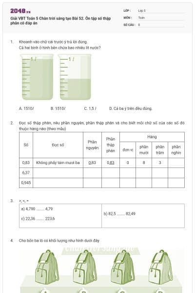 Giải VBT Toán 5 Chân trời sáng tạo Bài 52. Ôn tập số thập phân có đáp án