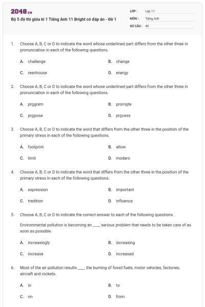 Bộ 5 đề thi giữa kì 1 Tiếng Anh 11 Bright có đáp án - Đề 1