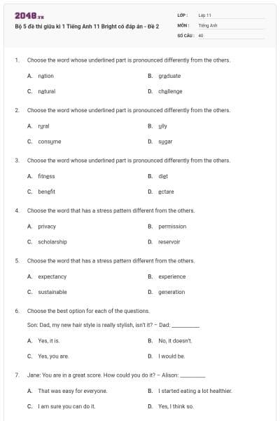 Bộ 5 đề thi giữa kì 1 Tiếng Anh 11 Bright có đáp án - Đề 2