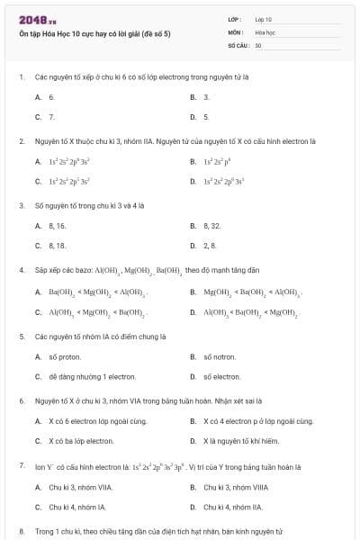 Ôn tập Hóa Học 10 cực hay có lời giải (đề số 5)