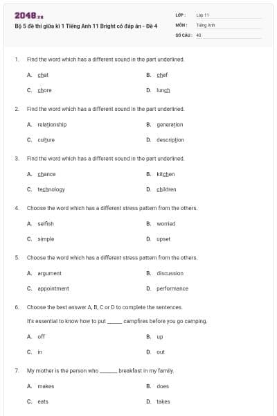 Bộ 5 đề thi giữa kì 1 Tiếng Anh 11 Bright có đáp án - Đề 4