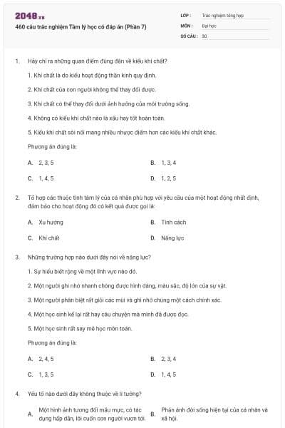 460 câu trắc nghiệm Tâm lý học có đáp án (Phần 7)
