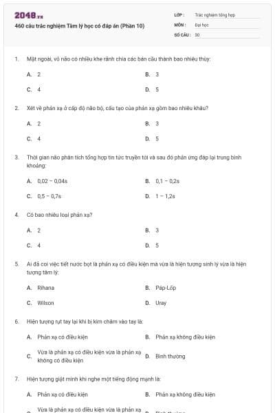 460 câu trắc nghiệm Tâm lý học có đáp án (Phần 10)