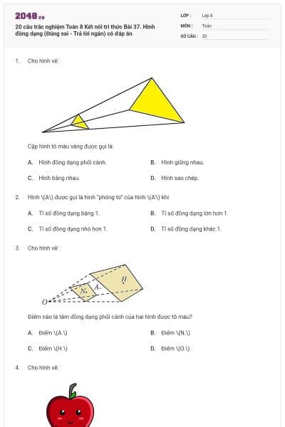 20 câu trắc nghiệm Toán 8 Kết nối tri thức Bài 37. Hình đồng dạng (Đúng sai - Trả lời ngắn) có đáp án