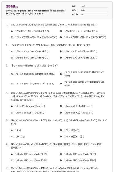 20 câu trắc nghiệm Toán 8 Kết nối tri thức Ôn tập chương IX (Đúng sai - Trả lời ngắn) có đáp án
