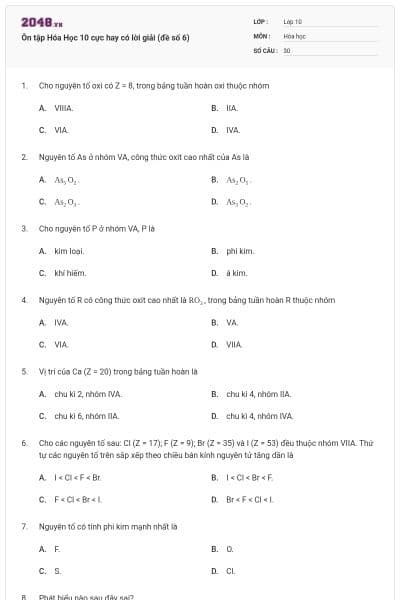 Ôn tập Hóa Học 10 cực hay có lời giải (đề số 6)