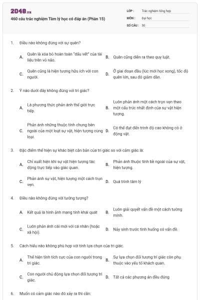 460 câu trắc nghiệm Tâm lý học có đáp án (Phần 15)