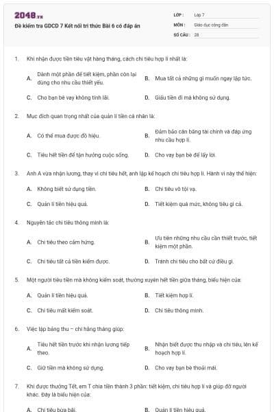 Đề kiểm tra GDCD 7 Kết nối tri thức Bài 6 có đáp án