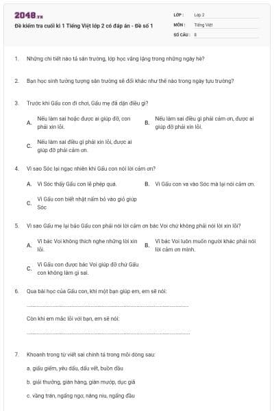 Đề kiểm tra cuối kì 1 Tiếng Việt lớp 2 có đáp án - Đề số 1