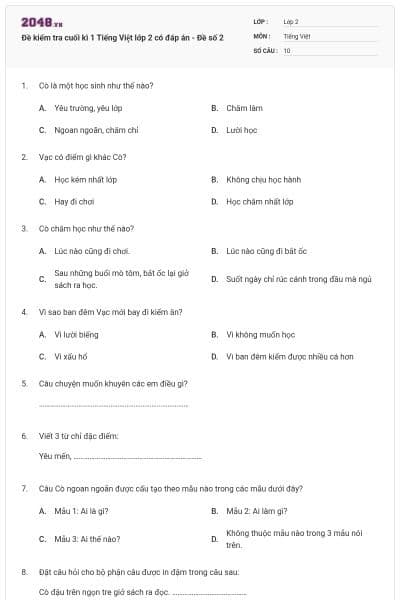 Đề kiểm tra cuối kì 1 Tiếng Việt lớp 2 có đáp án - Đề số 2