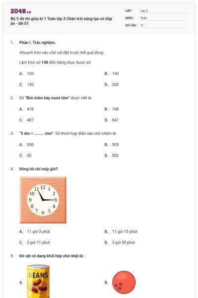 Bộ 5 đề thi giữa kì 1 Toán lớp 3 Chân trời sáng tạo có đáp án - Đề 01